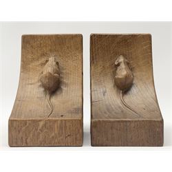 Pair 'Mouseman' tooled oak bookends carved with mouse signature, by Robert Thompson of Kilburn