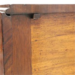 Early 19th century mahogany deception table with drop-front, rectangular top over drop-front with button action to the side, enclosing slatted-base compartment, raised on turned supports