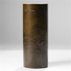  Japanese Meiji period bronze cylindrical vase, decorated with Mount Fuji in light relief, H20.5cm 