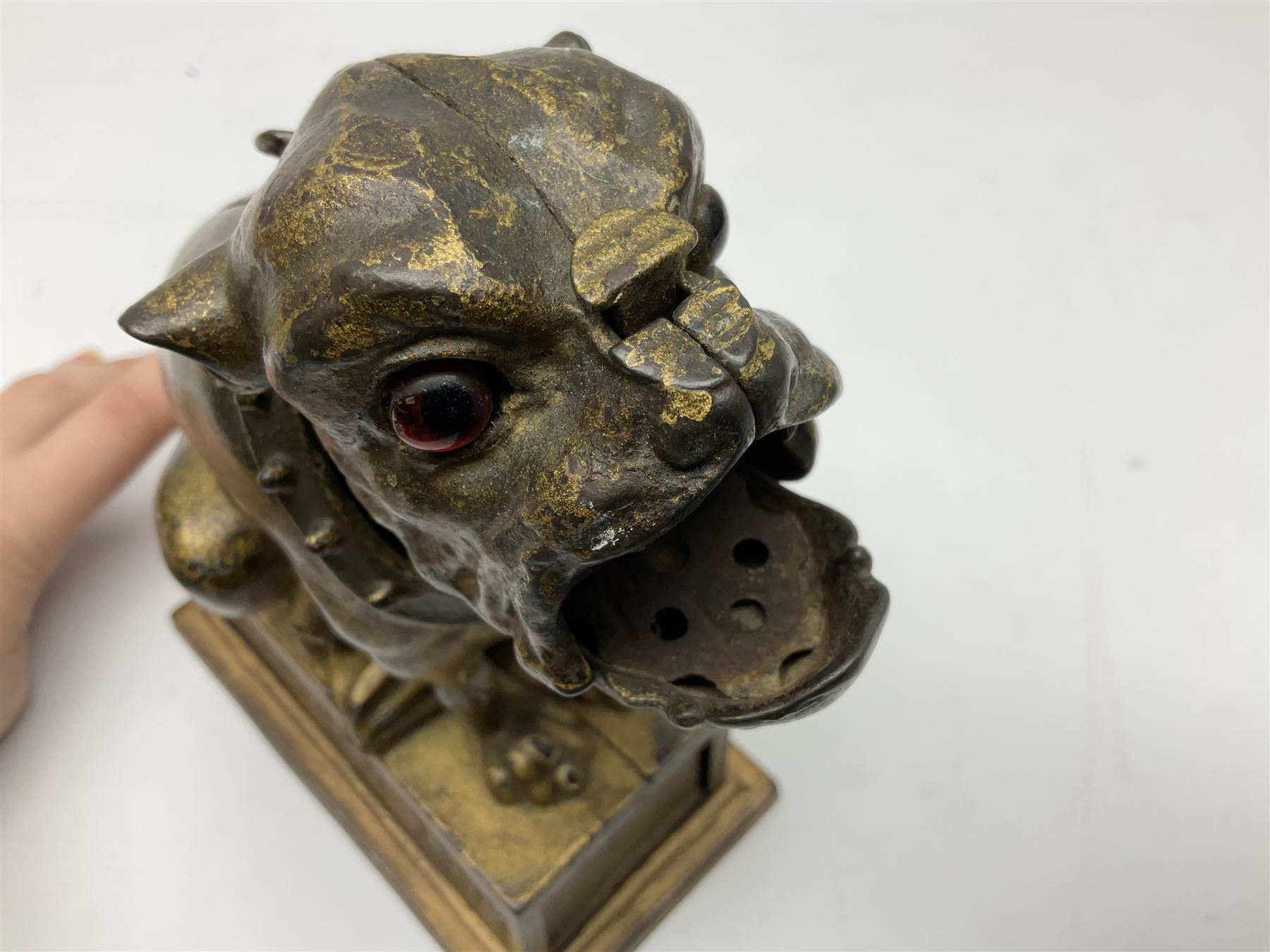 Late 19th century cast-iron mechanical money bank 'Bulldog Bank' by J & E Stevens with coin-on-nose action; patented 27th April 1880 H19.5cm