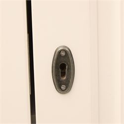 Modern white painted double wardrobe, fitted with two panelled doors, enclosing a hanging rail and shelving, raised on bracket feet