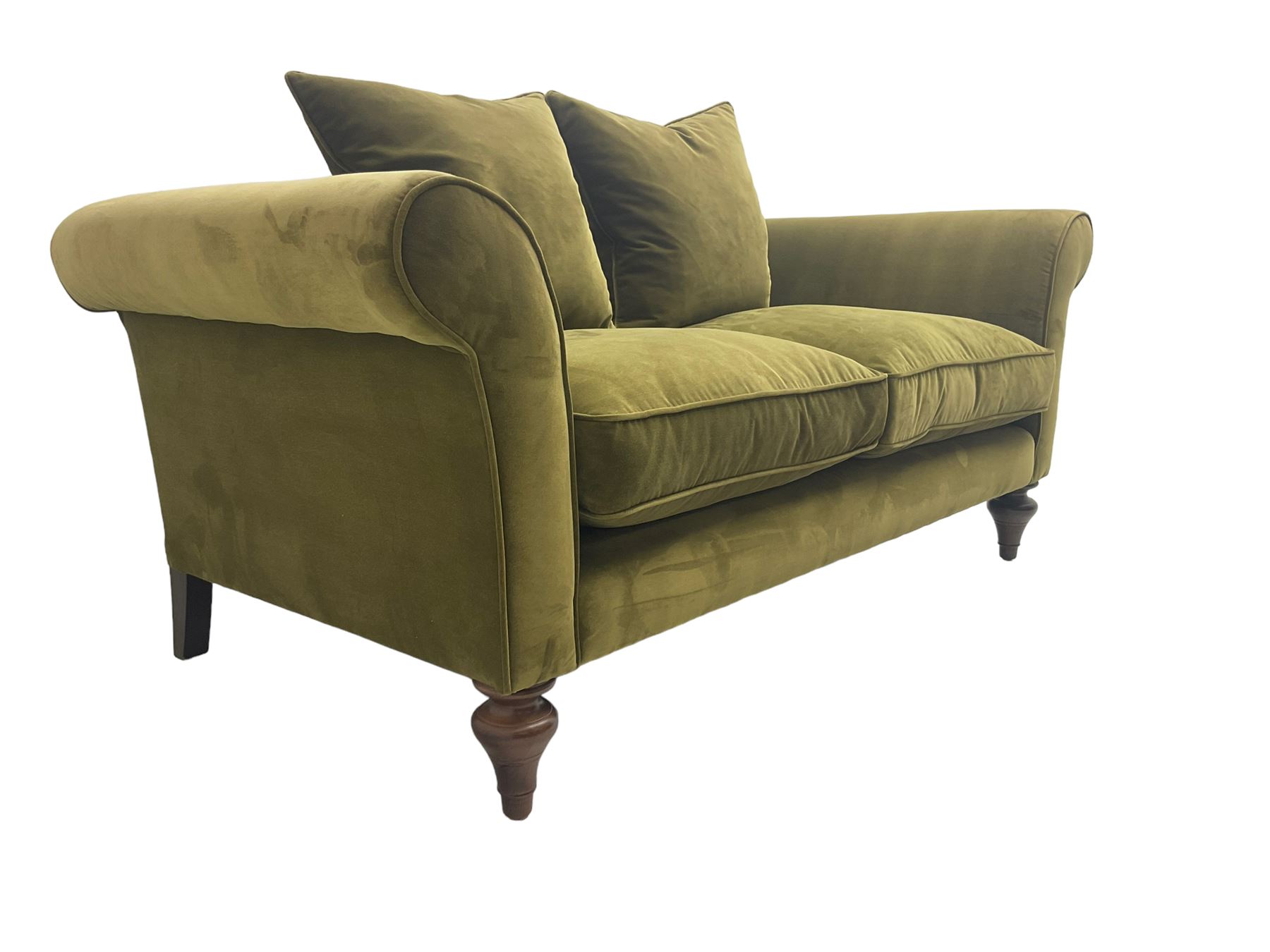 Sofas & Stuff - 'Clavering' two seat sofa upholstered in olive green velvet, scrolled arms, on turned front supports, with matching scatter cushions