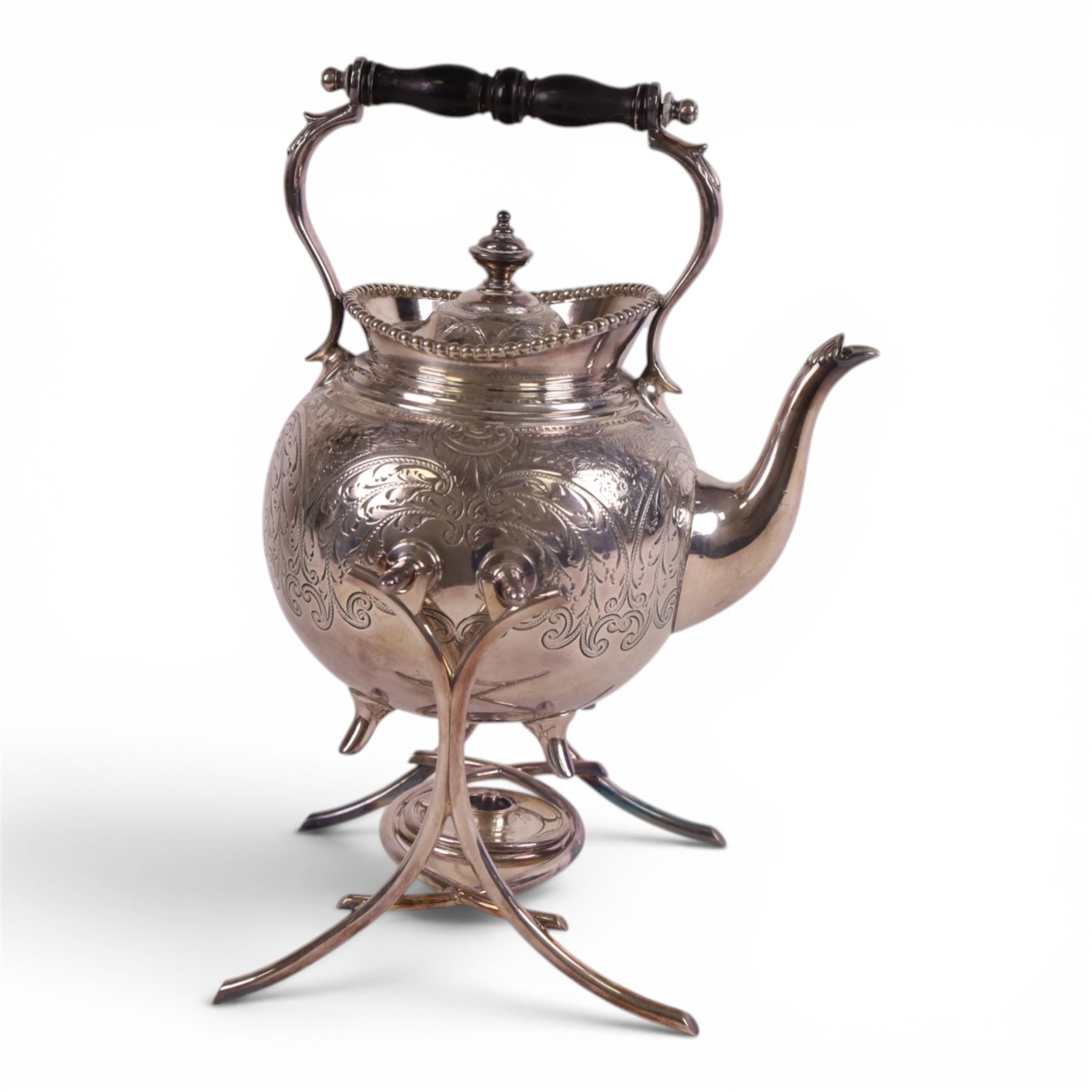 Victorian silver plated spirit kettle, with foliate decoration and ebonises handle, H34cm 