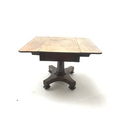 Victorian mahogany Pembroke pedestal table, quatrafoil base, bun feet