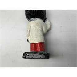 Robinson Jam plaster Golly band, including drummer and singer, H7.5cm

Originally handmade by mothers in Africa for their children from old fabric and cloth, the golly doll was adopted as the mascot and trademark for the Robertson's confectionery brand around 1910 after the company's founder John Robertson visited the US and noticed children playing with them. Robertson's Gollies have been collected by people across the UK and around the world for generations but garnered a contentious image in the 1980s because of links to racism. The trademark was removed from Robertson's branding in 2001.