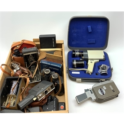 A group of assorted cameras and binoculars, to include Kodak Jr, Kodak Brownie, Kodak Instamatic, cine cameras, Halina 35x, Pinz 8 x 30, Helios, etc. 