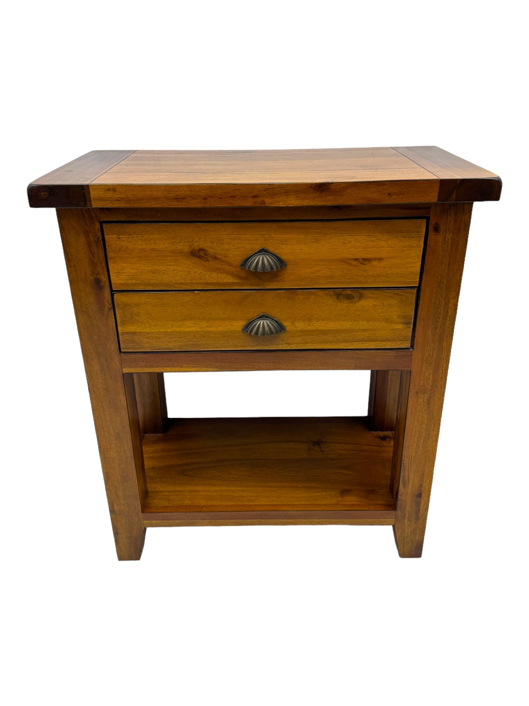 Contemporary hardwood side table, rectangular top over two drawers with shell cup handles, open shelf below, raised on square tapering supports