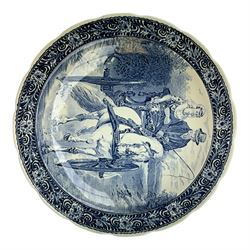 Ten Delft and similar chargers, including Delfts Blauw and Boch examples, largest D40cm