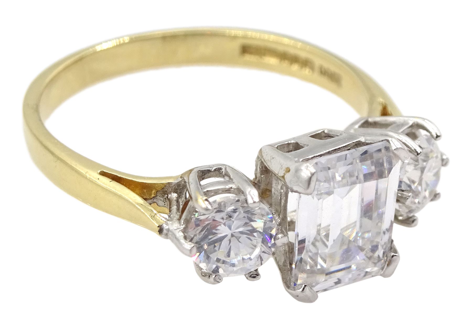 14ct gold three stone emerald and round cut cubic zirconia ring, hallmarked 