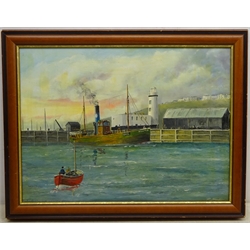  Robert Sheader (British 20th century): Fishing Boat Coming into Scarborough Harbour, oil on board signed 43cm x 59cm MAO1307  