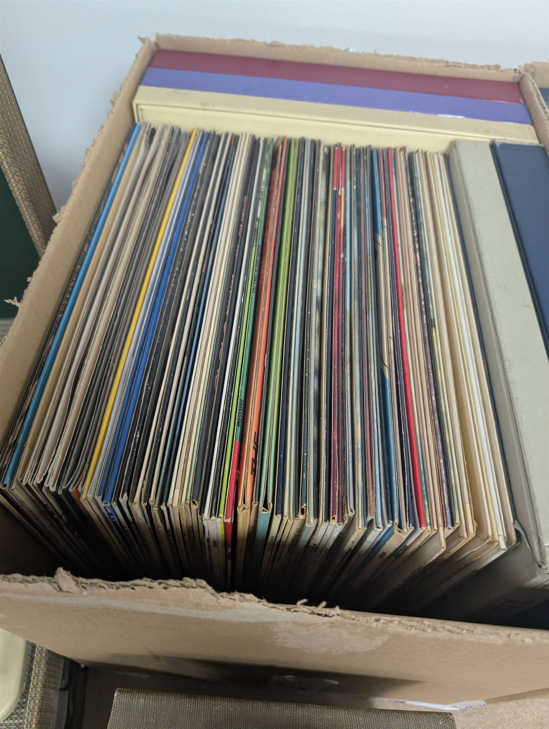 Large collection of vinyl LPs, together with a small collection of 7 inch vinyl records and CDs, with a Dansette record player and a small Hi-Fi cabinet