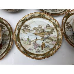 Noritake part tea service, printed and painted with figures in a landscape, comprising ten  tea cups and saucers, ten dessert plates, milk jug and sugar bowl