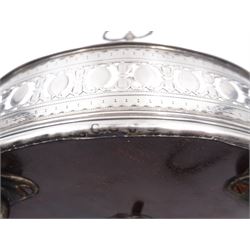 Late 18th century silver cruet stand, of oval form, with pierced sides upon four bun feet, hallmarked to handle Hester Bateman, all other hallmarks indistinct, together with five matched silver mounted cut glass cruet bottles, including some later Victorian examples, hallmarks predominantly indistinct, stand H20cm