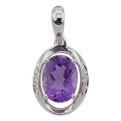 9ct white gold amethyst and diamond pendant, stamped 375