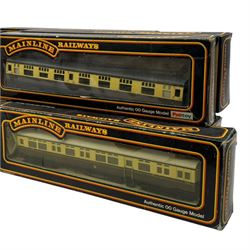 Two Mainline Railways '00' gauge locomotives, including 37090 Mogul Locomotive GRW green, together with five Mainline Railways '00' gauge goods wagons and fourteen coaches, including Cornish Riviera Examples, all boxed 