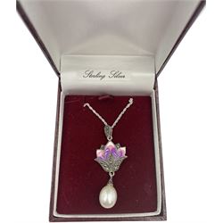 Silver enamel, marcasite and pearl flower necklace, stamped 925 and boxed