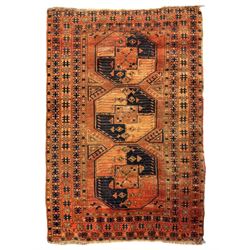 Turkish Kilim ground rug, the field with alternating horizontal bands of geometric patterns, bordered by repeating diamond motifs (145cm x 242cm); Turkish red ground rug, the field with three octagonal medallions (113cm x 172cm) (2)
