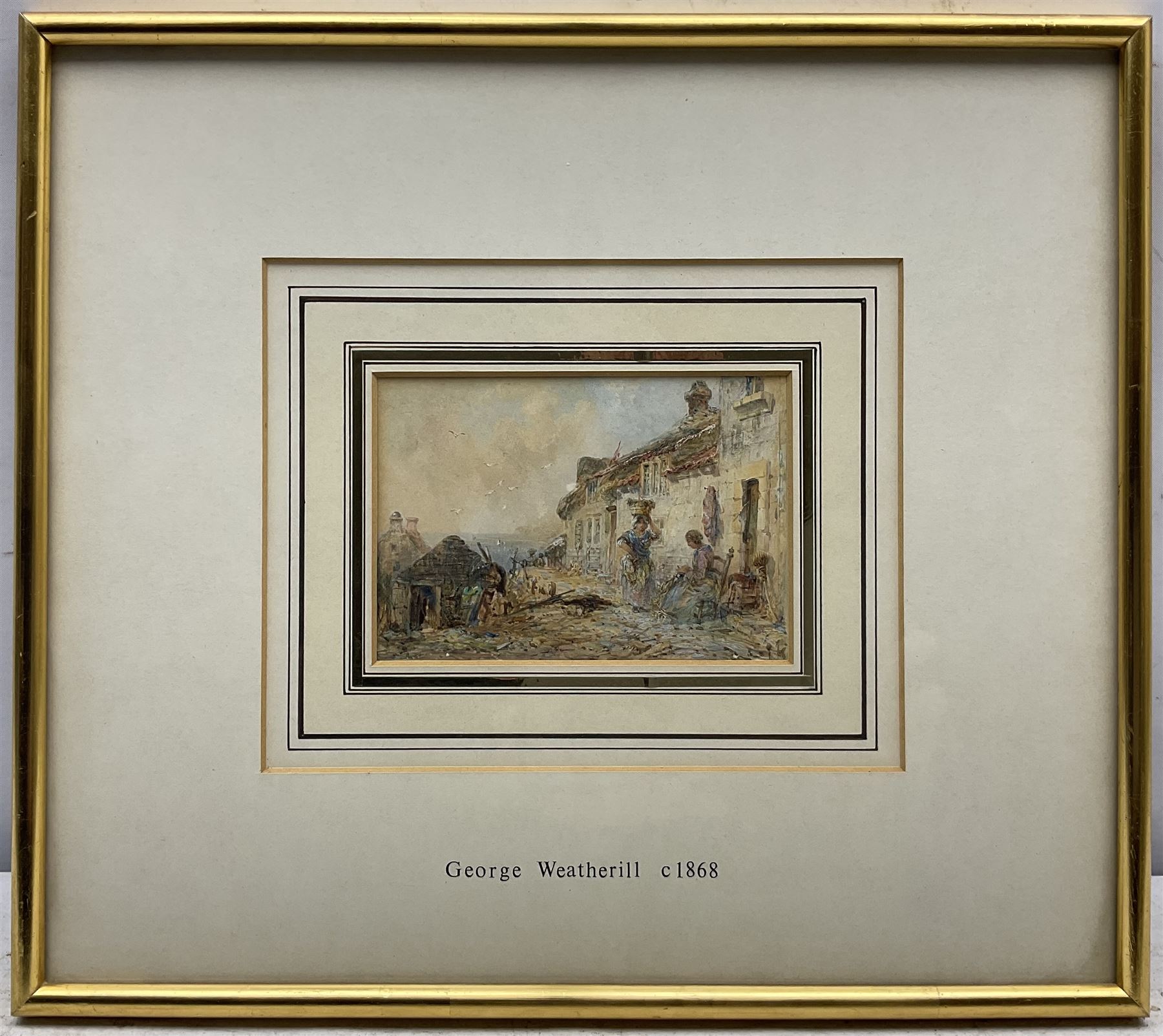 George Weatherill (British 1810-1890): Fisherwomen beside Cottages at Runswick Bay, watercolour unsigned 9cm x 13cm