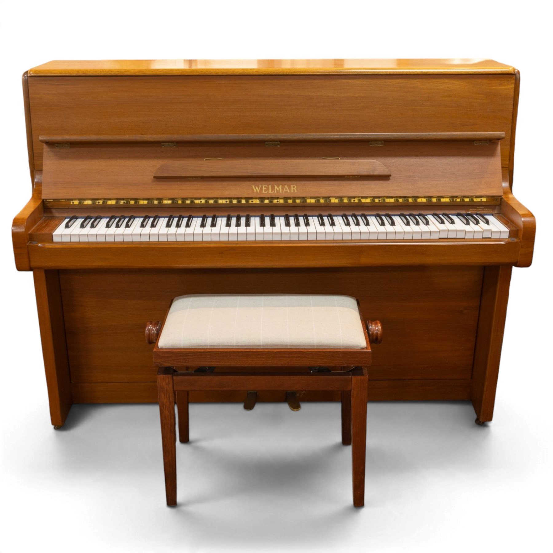 1970s century Welmar mahogany cased upright piano, retailed by The Piano Centre Rotherham, serial no. 75618, H110cm, W141cm