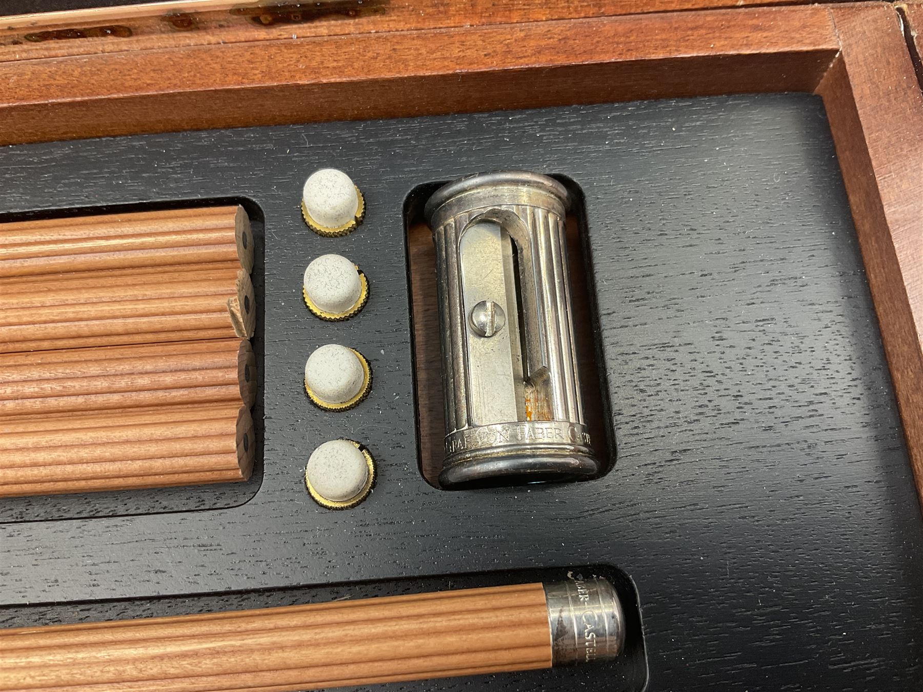 Graf Von Faber-Castell Pencil Cassette, housed in alder wood presentation box with mirrored hinged lid, containing platinum plated Perfect Pencil, sharpener, four erasers and four replacement pocket pencils with native alder handles hand-selected by Nuremberg woodcarvers, with certificate, cloth and original green box