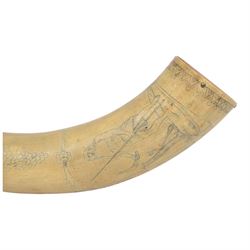 19th century 'scrimshaw' horn powder flask, the body incised and inked with naive figures, inscribed George Pobjoy