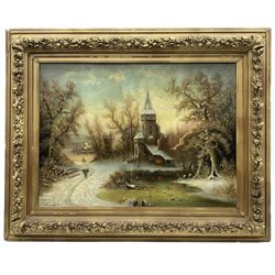 A Wilkow (Polish 19th/20th Century) Blacksmith's Workshop in a Winter Landscape, oil on canvas signed 71cm x 97cm in heavy ornate plaster gilt frame