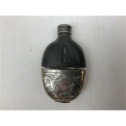 Hip flask by G & J Hawksley, with silver plated cup engraved with vacant shield surrounded by foliate motifs and leather grip, L13cm, together with hallmarked silver topped ring box, stamped silver The Poetry Society medal and silver plated wine coaster with pierced gallery and turned wood base 