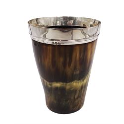 George III silver mounted horn cup, of tapering circular form, with polished exterior, the silver mounted collar hallmarked London 1808, no visible assay or makers mark, H13.5cm