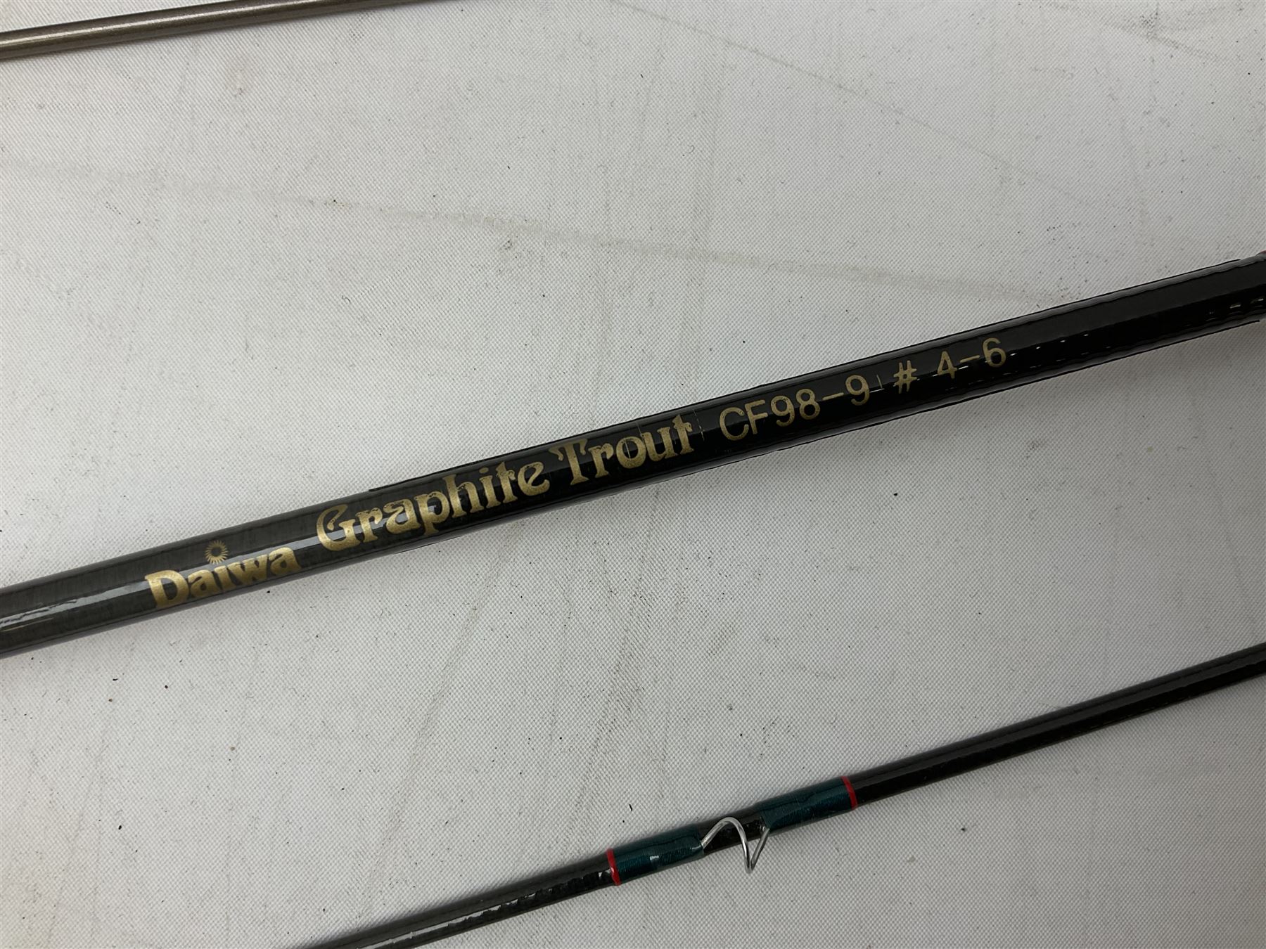 Shakespeare 'Composite Beachcaster 1332-300' 10ft two piece rod with Shakespeare alpha reel, Elastiglas two piece fly rod, Ryobi Masterline carbon fibre 'Pioneer PIF 85 Fly 8' 6