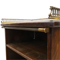 Victorian rosewood bookcase, pierced brass three quarter gallery, with four graduating shelves, raised on a plinth base 