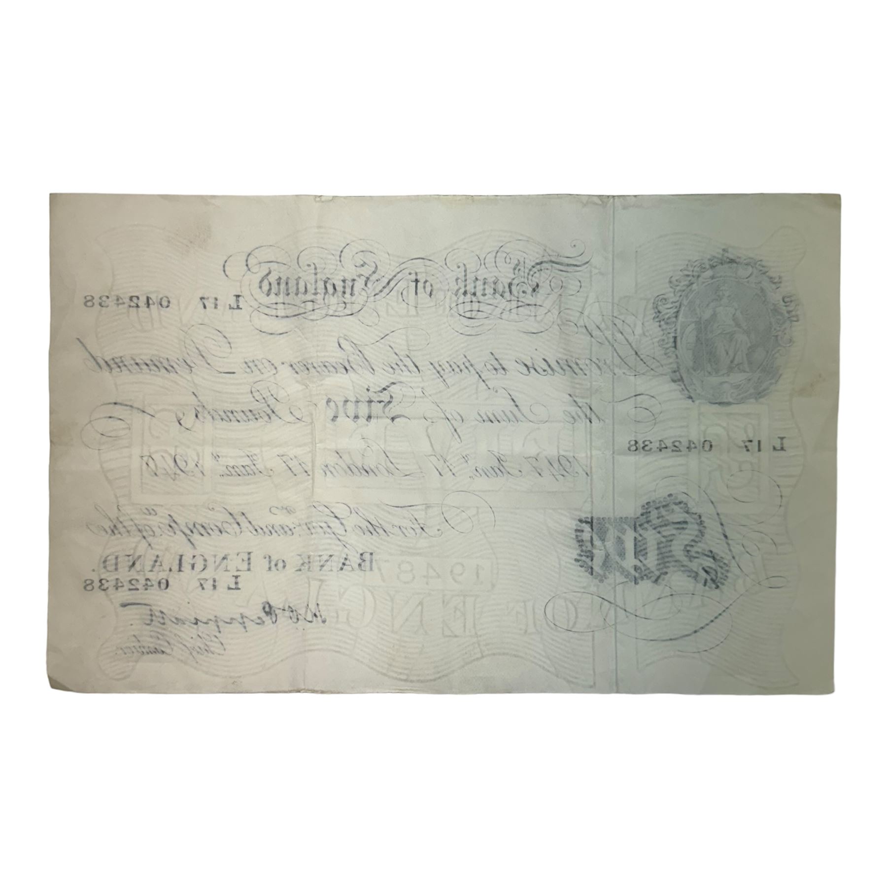 Bank of England Peppiatt white five pound note 'L17' London 17th January 1947