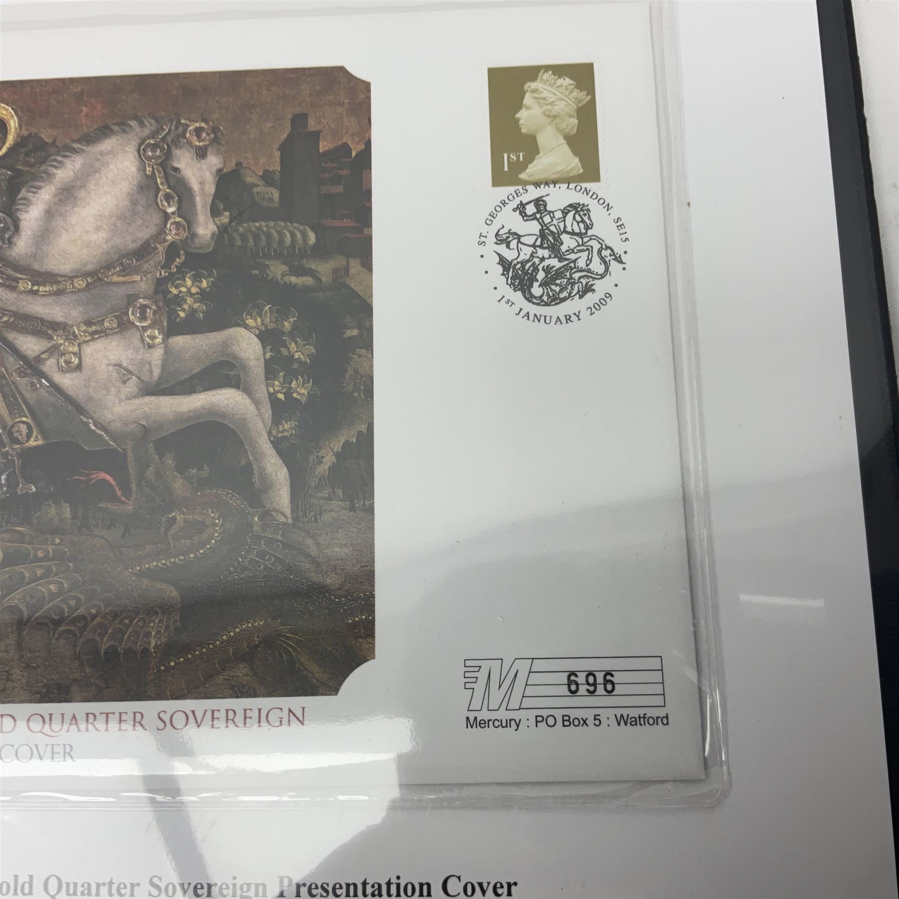Queen Elizabeth II 2009 gold quarter sovereign coin, housed in a Mercury presentation cover, in Westminster folder with certificate