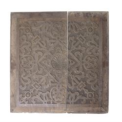 Pair of 18th/19th century oak strapwork panels, in four pieces, as whole pieces 60cm x 58cm 