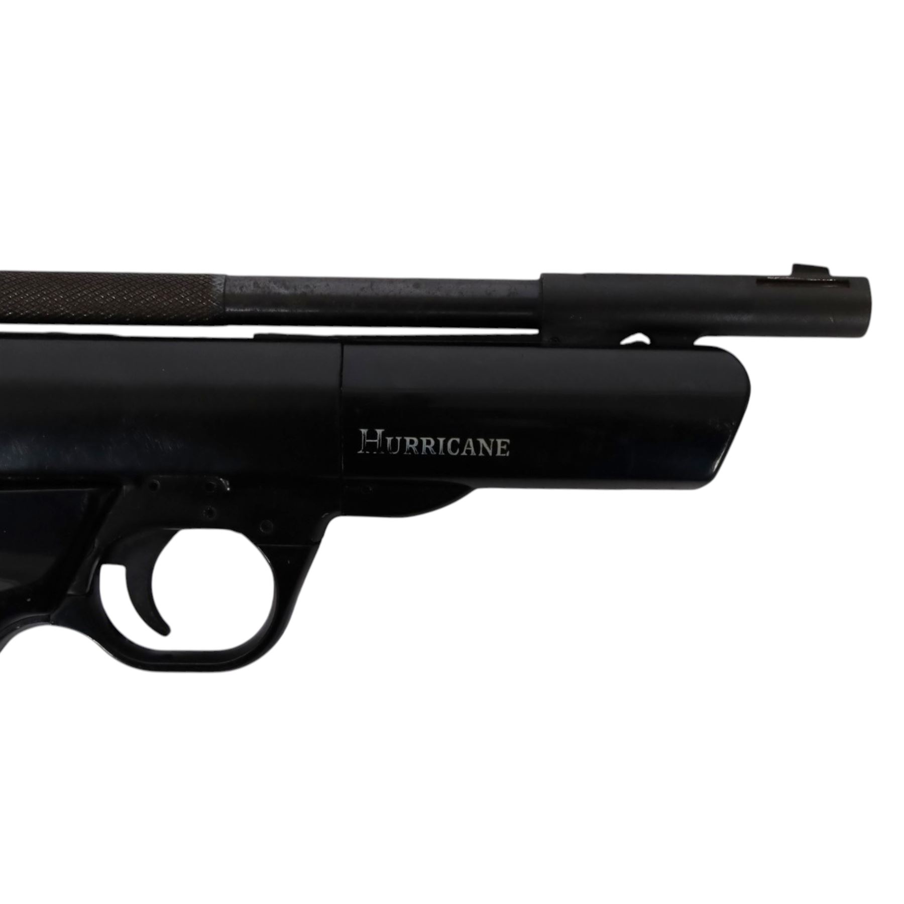 Webley Hurricane .177 air pistol, the chamber marked 'Hurricane' and 'Webley & Scott Ltd. Birmingham England' beneath, with front hooded sight and black checkered grip, H14cm, L28cm