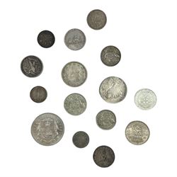 World coins in silver, including King George V British West Africa 1913 one shilling, United States of America 1922 peace dollar and 1939 half dollar, Queen Elizabeth II Australia 1961 one florin, Bahama Islands 1966 five dollars, Canada 1966 one dollar etc, overall weight approximately 210 grams