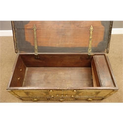  20th century hardwood Zanzibar chest, heavily decorated with brass plates and metal studs, three drawers, with carrying handles, W110cm, H45cm, D48cm   
