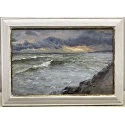 Neil Tyler (British 1945-): 'Dawn - South Bay' Scarborough, oil on board signed, titled verso 35.5cm x 54.5cm