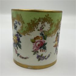 Sèvres soft paste porcelain coffee can and saucer with date code for 1754, painted and gilded with flowers, dangling from the shaped green border, interlaced LL monogram enclosing the date letter A above painters mark for Dodin, coffee can H7cm, saucer D14.5cm