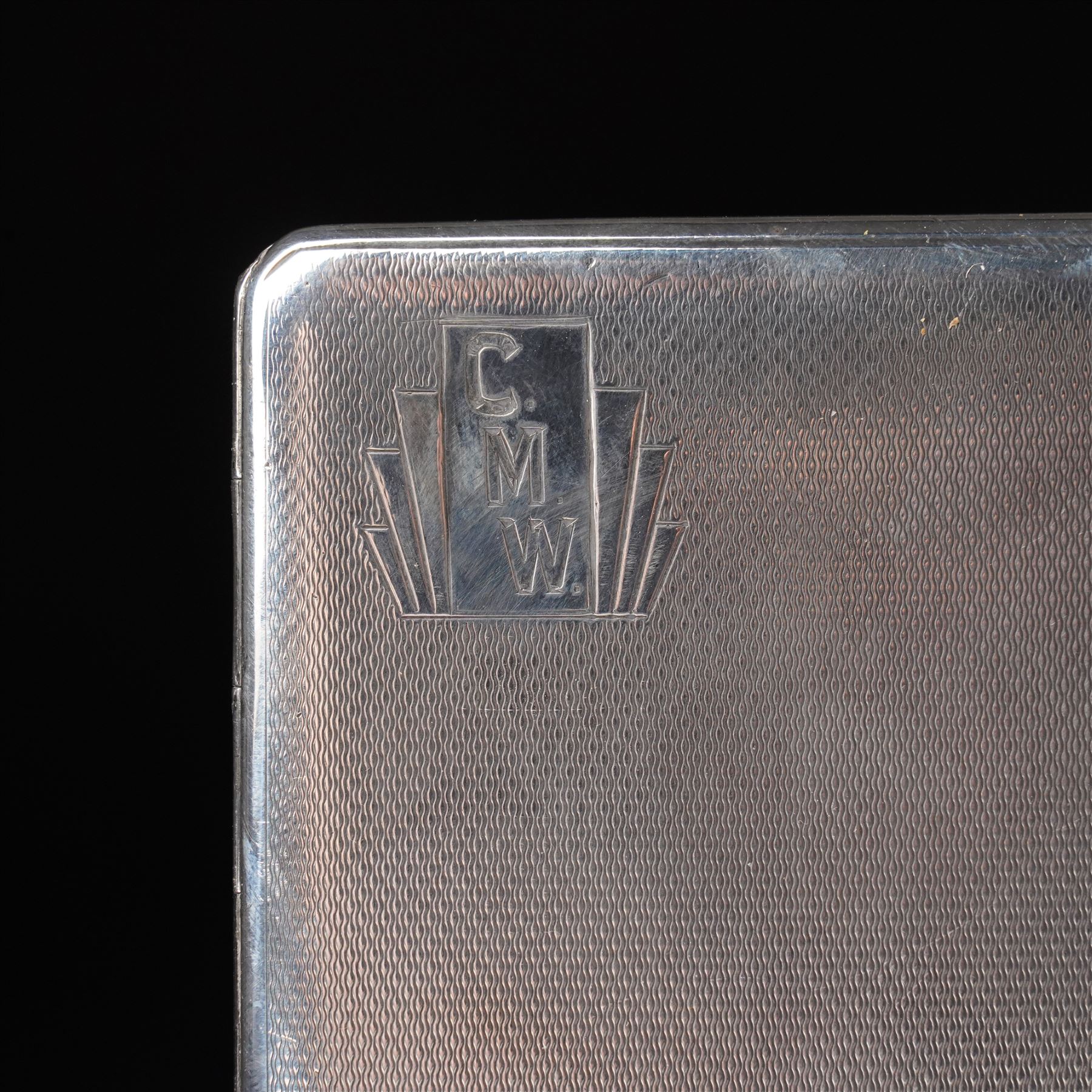 Engine turned silver cigarette case engraved with initials Birmingham 1935 Maker Frederick Field