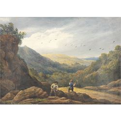 Circle of Samuel Palmer (British 1805-1881): Figures Mining for Ore on a Hilltop, watercol...