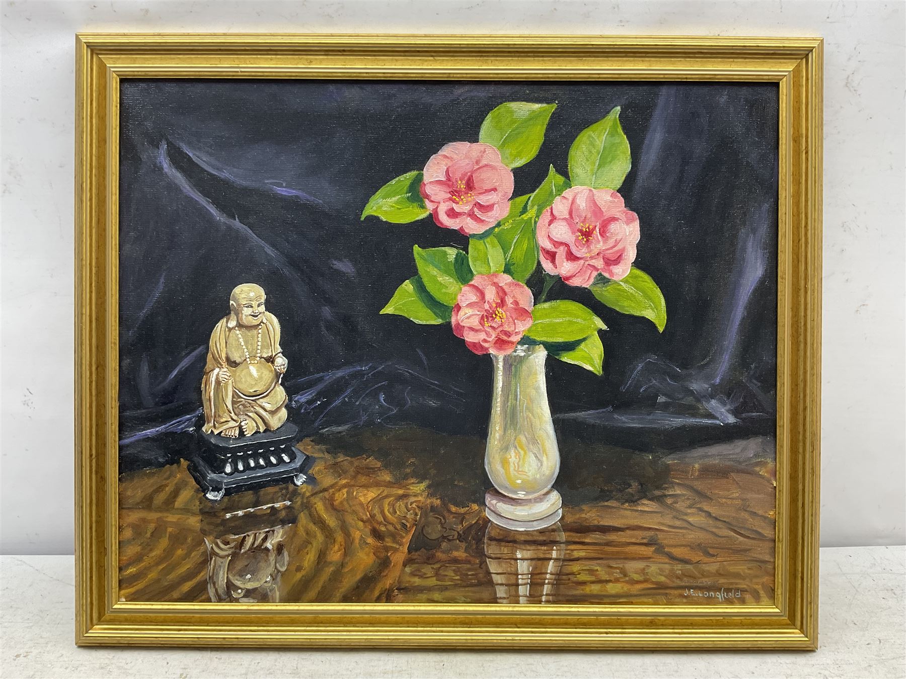 JE Longfield (20th century): Still Life with Buddha, oil on board signed 40cm x 50cm