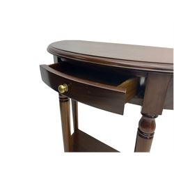 Mahogany demi-lune console table, with drawer and under-tier