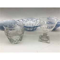 19th century glass rummer, with the bowl with etched band and facet cut decoation, raised upon knopped stem on moulded square lemon squeezer base, H13cm, together with a double spouted glass rinser etched with vines and Art Deco style blue glass bowl and dishes