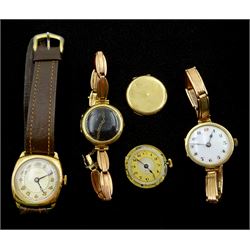 Three early 20th century 9ct gold manual wristwatches, two on rose gold expanding straps stamped 9ct, the other on a brown leather strap