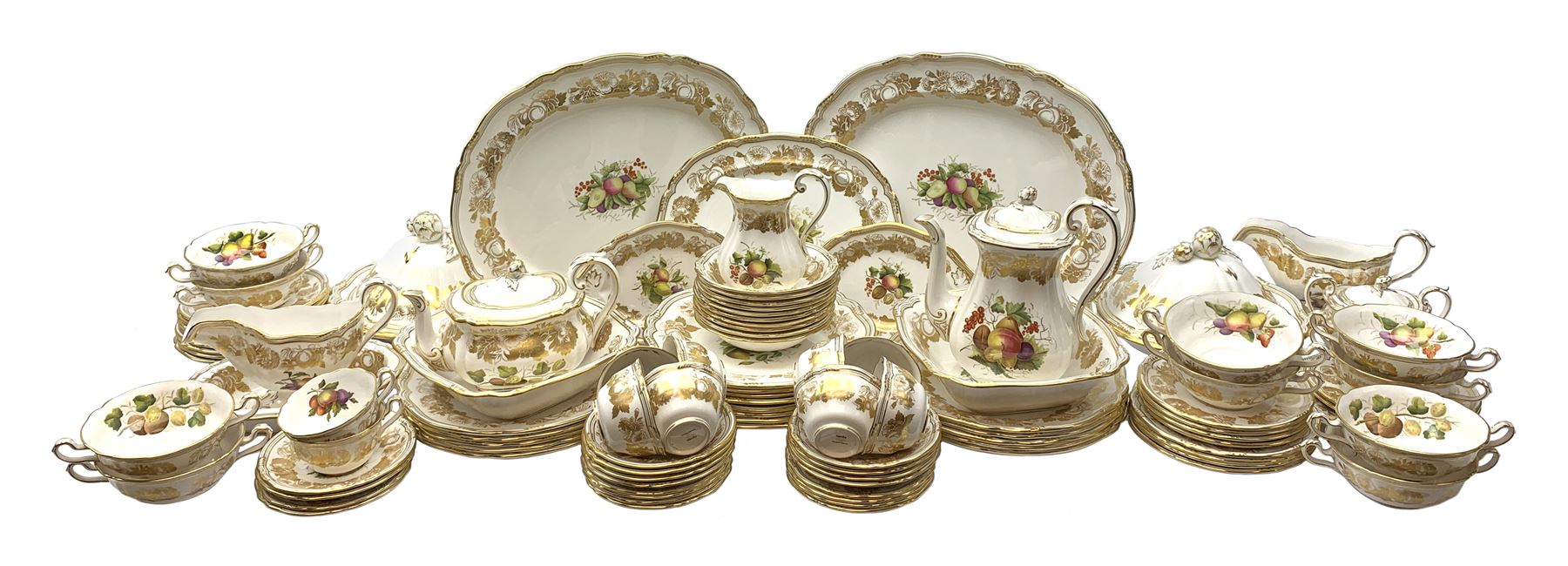 Extensive Spode dinner and tea service, decorated in the Golden Valley pattern, comprising eighteen dinner plates, ten salad plates, ten side plates, ten twin handled soup bowls and ten saucers, ten bowls, two sauce boats and two stands, two square serving dishes, smaller oval serving dish, two tureens and covers, two large oval serving platters, one smaller example, teapot, coffee pot, milk jug, twin handled lidded sucrier, and ten teacups and ten saucers, with red printed marks beneath 