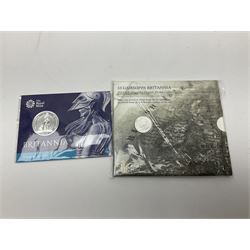 The Royal Mint United Kingdom 2014 'SS Gairsoppa Britannia' fine silver quarter ounce coin in card folder and 2015 'Britannia' fine silver fifty pound coin on card