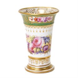 Brown-Westhead, Moore & Co cabinet cup and saucer, with rope twist moulded handle, hand-painted with floral reserves against a white and sky blue ground, heightened profusely with gilt, together with a pink hand-painted example, and a 19th century spill vase and twin-handled covered sucrier (4)