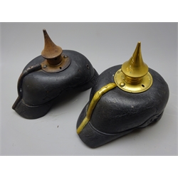  Two German leather Picklehaube helmets with brass spikes and  adjustable leather liners, H21cm (2)   