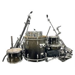 Pearl Vision SST Birch Ply shell four-piece drum kit in black comprising bass drum with foot pedal and three graduated toms; together with Pearl Custom Alloy Sensitone steel snare drum, drum and cymbal stands, microphone stand, stool and various drum sticks 