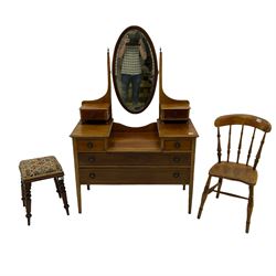 Edwardian mahogany dressing table, oval swing mirror with stool; Edwardian occasional table and a small farmhouse chair